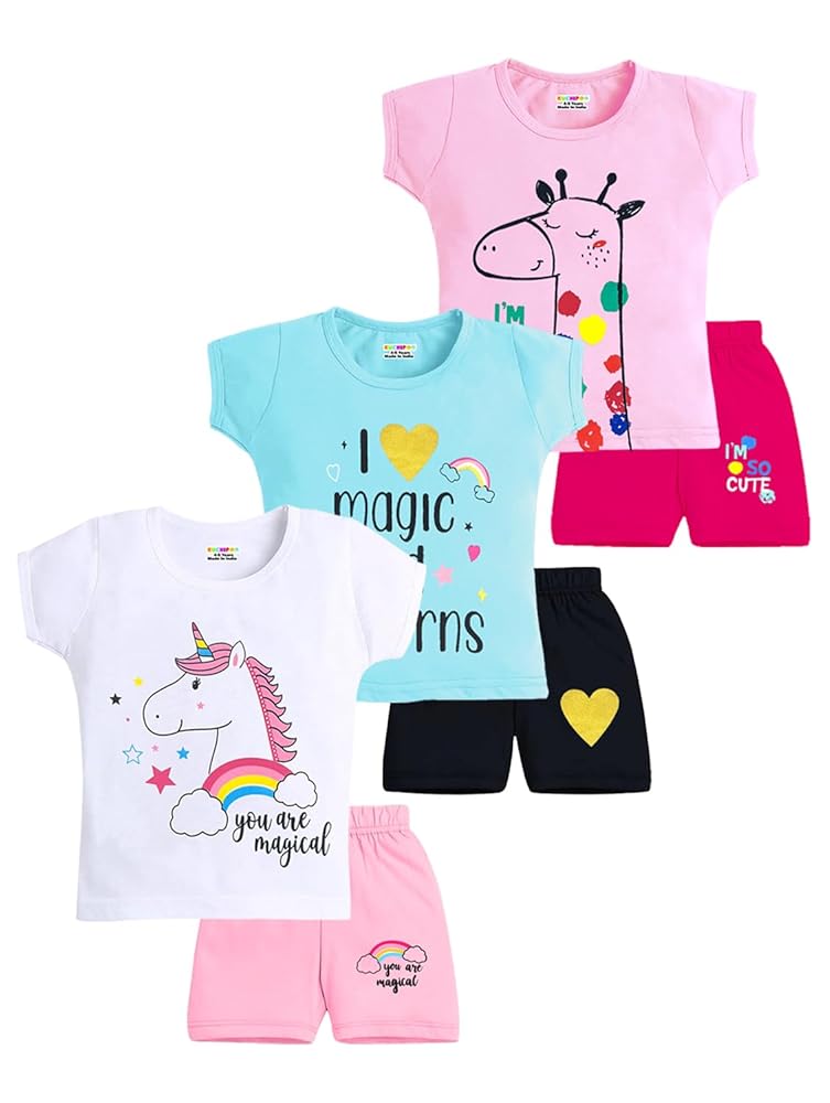 Kuchipoo Girls Regular Fit Cotton T-Shirts and Shorts Set