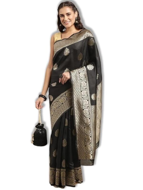 leeza store Women's Soft Silk Blend Banarasi Saree With Blouse Piece Feature Traditional Floral Patterns, Ethnic Motifs, And Golden Zari Pallu Patola Ethnic Motif