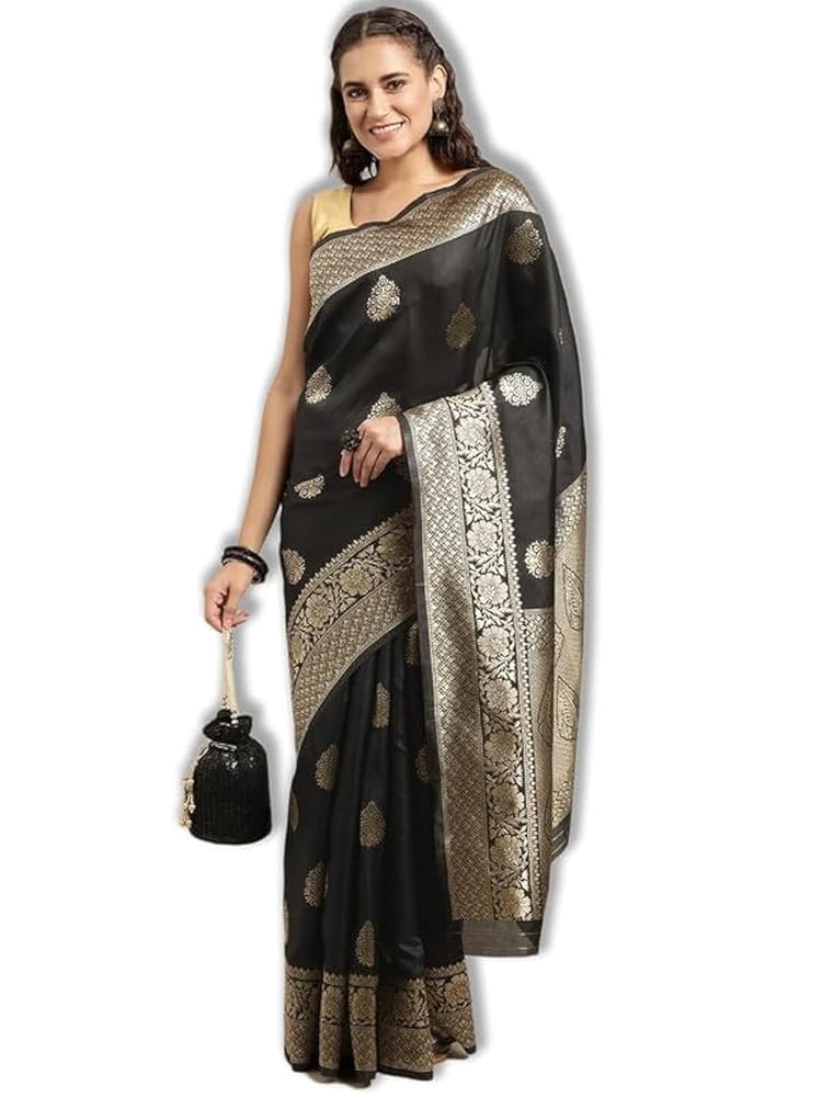 leeza store Women's Soft Silk Blend Banarasi Saree With Blouse Piece Feature Traditional Floral Patterns, Ethnic Motifs, And Golden Zari Pallu Patola Ethnic Motif