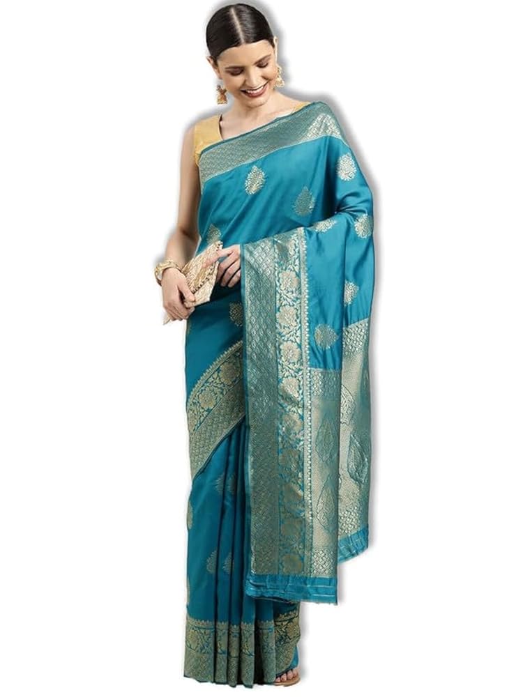 leeza store Women's Soft Silk Blend Banarasi Saree With Blouse Piece Feature Traditional Floral Patterns, Ethnic Motifs, And Golden Zari Pallu Patola Ethnic Motif