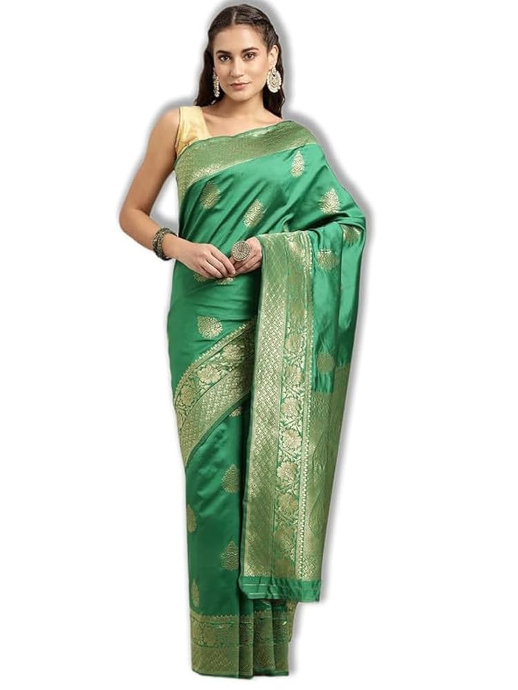 leeza store Women's Soft Silk Blend Banarasi Saree With Blouse Piece Feature Traditional Floral Patterns, Ethnic Motifs, And Golden Zari Pallu Patola Ethnic Motif