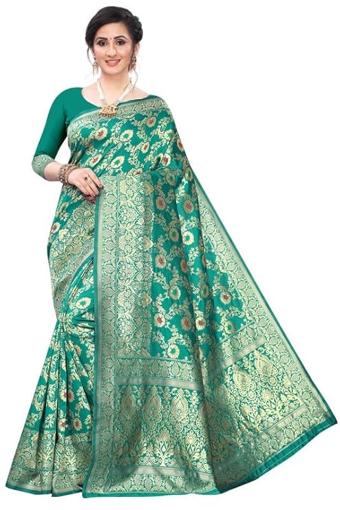 Women's Soft Silk Blend Banarasi Saree With Blouse Piece Feature Traditional Floral Patterns, Ethnic Motifs, And Golden Zari Pallu Patola Ethnic Motif