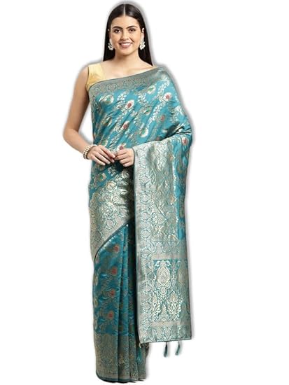 leeza store Women's Soft Silk Blend Banarasi Saree With Blouse Piece Feature Traditional Floral Patterns, Ethnic Motifs, And Golden Zari Pallu Patola Ethnic Motif