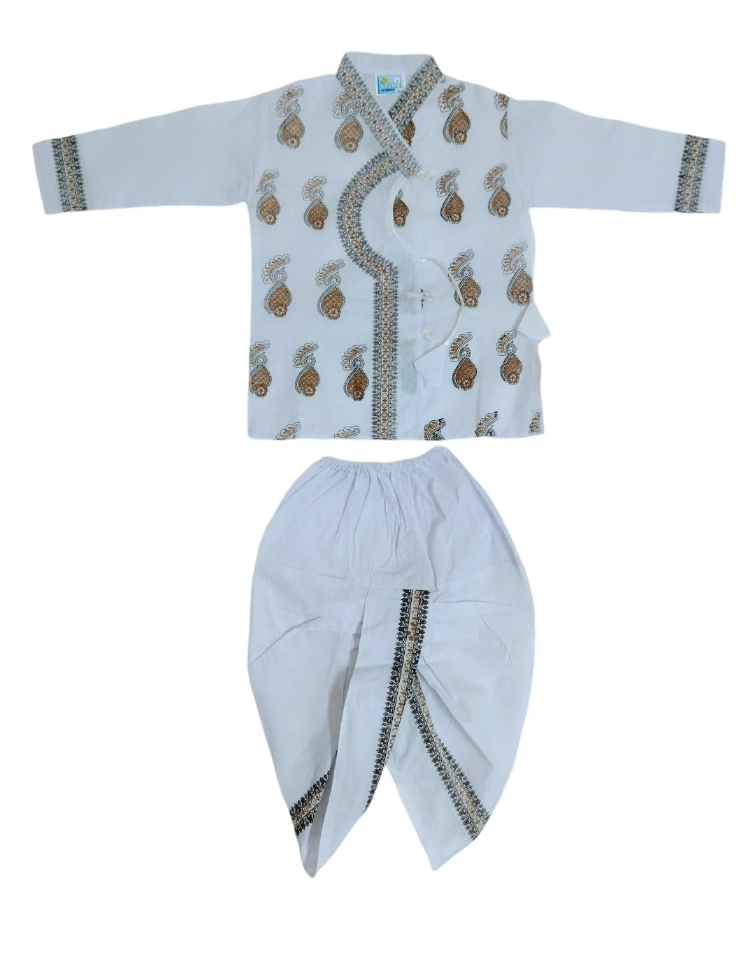 Little Poppins Traditional Indian Baby Boy Dhoti Kurta Set, White Cotton with Gold Print, new born Ethnic dress size 3 months 6 months 12months 18 months 1Year 2Year Pack of 1...