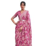 MADHUHANSH Women's Lucknowi Chikankari Linen cotton Woven Sarees For Women with Blouse sarees for Women