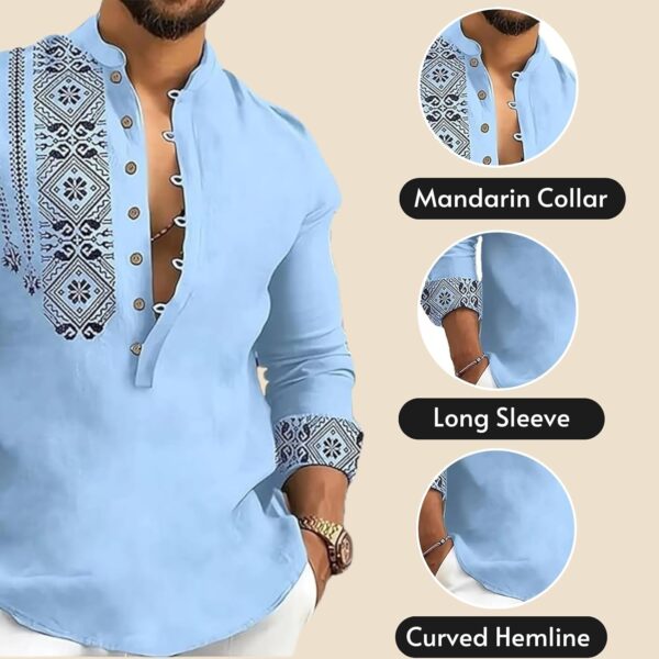 Men's Cotton Blend Mandarin Collar Self One Design Full Sleeve Casual Short Kurta-Blue