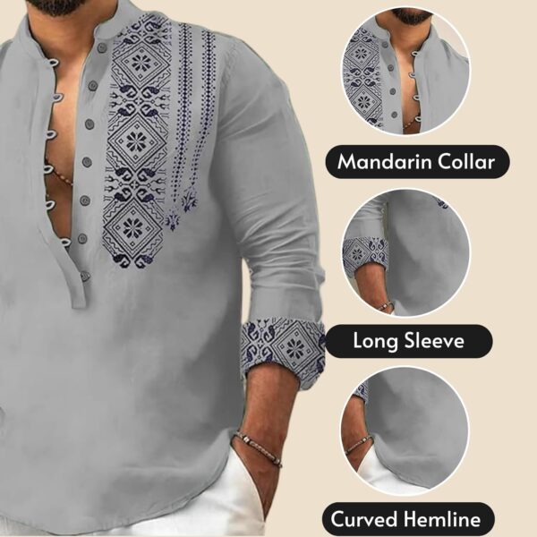 Men's Cotton Blend Mandarin Collar Self One Design Full Sleeve Casual Short Kurta-Grey