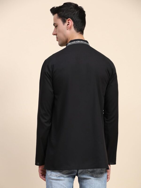 Men's Cotton Embroidered Kurta Shirt - Long Sleeve Traditional Indian Tunic for Casual-Black