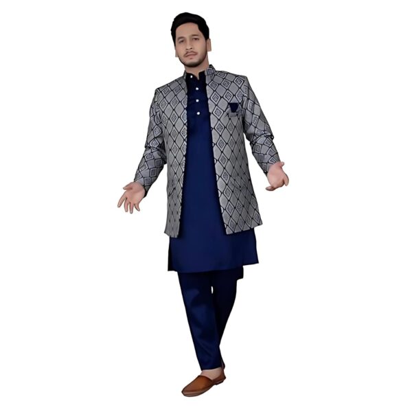 Men's Jacquard Casual Regular Printed Full Sleeve Knee Length Kurta Pyjama With Long Koti Jacket/Waistcoat 3 Piece Ethnic Wear Set