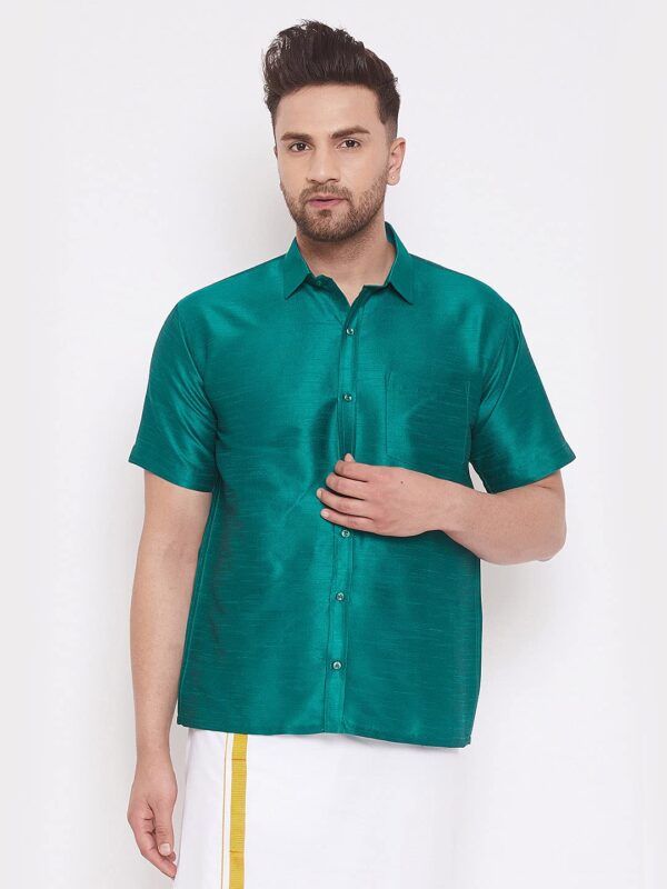 Men's Silk Blend Ethnic Shirt - Half Sleeves, South Indian Traditional Shirt for Weddings, Festivals, & Casual Wear-Green