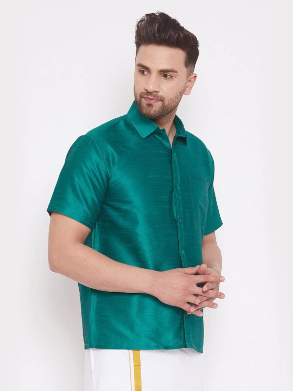 Men's Silk Blend Ethnic Shirt - Half Sleeves, South Indian Traditional Shirt for Weddings, Festivals, & Casual Wear-Green