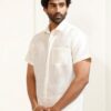 Men's Silk Blend Ethnic Shirt - Half Sleeves, South Indian Traditional Shirt for Weddings, Festivals, & Casual Wear-White