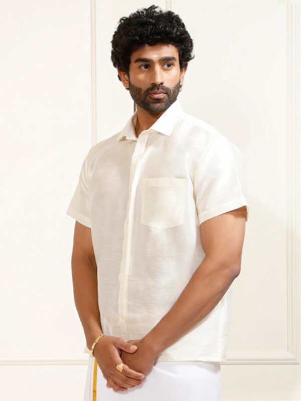 Men's Silk Blend Ethnic Shirt - Half Sleeves, South Indian Traditional Shirt for Weddings, Festivals, & Casual Wear-White
