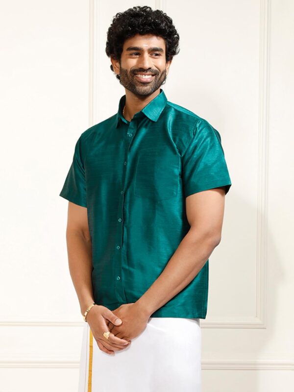 Men's Silk Blend Ethnic Shirt - Half Sleeves, South Indian Traditional Shirt for Weddings, Festivals, & Casual Wear-Green