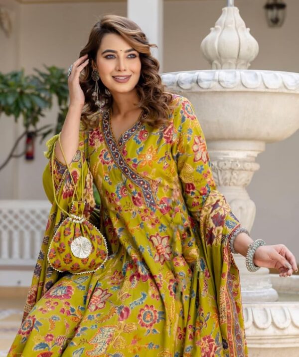 Nermosa Women Printed Anarkali Kurta and Pant Set with Dupatta