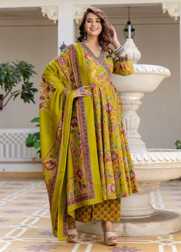 Nermosa Women Printed Anarkali Kurta and Pant Set with Dupatta