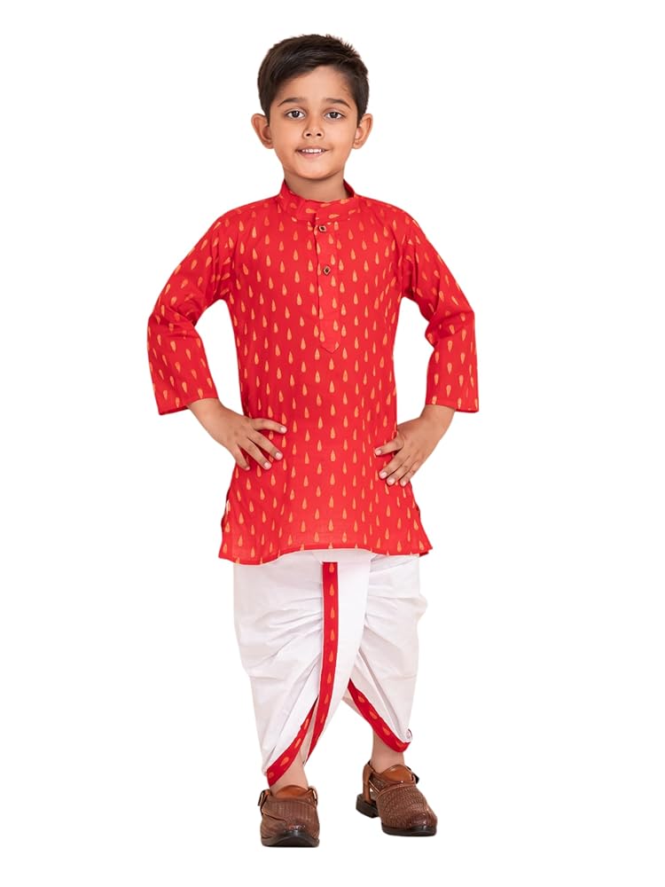 PEKABU Boys Dhoti Kurta Set for Kids - Cotton Kurta and Elastic Waist Dhoti Set - Traditional Dress for Kids