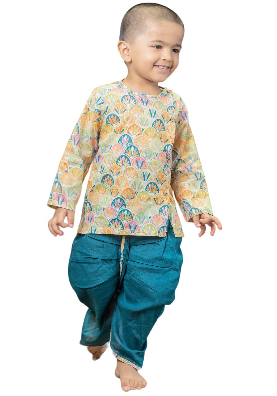POLKA TOTS Boy’s Cotton Full Sleeve Angrakha Kurta with Dhoti Set for Baby Kid, Traditional Ethnic Wear for Kids, Printed Dhoti Kurta Set with Round Neck for Boy’s