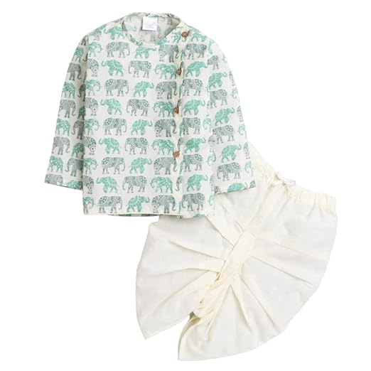POLKA TOTS Boy’s Cotton Full Sleeve Angrakha Kurta with Dhoti Set for Baby Kid, Traditional Ethnic Wear for Kids, Printed Dhoti Kurta Set with Round Neck for Boy’s