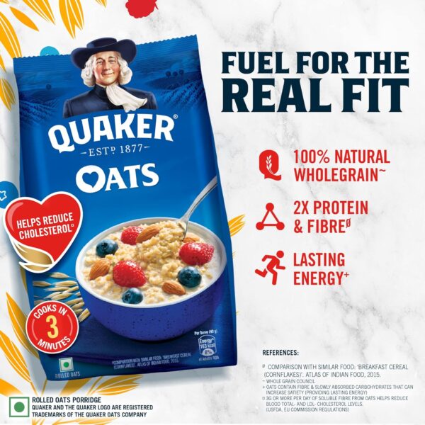 Quaker Oats 1Kg, Rolled Oats Natural Wholegrain, Nutritious Breakfast Cereals, Dalia Porridge, Easy To Cook, Honey