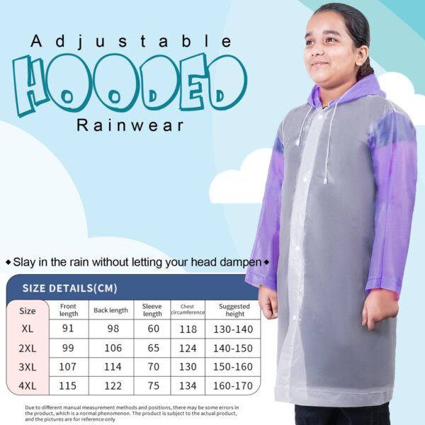 Raincoat for 10 to 14 Year Old Kids Children Water Resistant Rainsuit Adjustable Hood Drawstring Hem Rainwear (1 Pc, Purple & White)