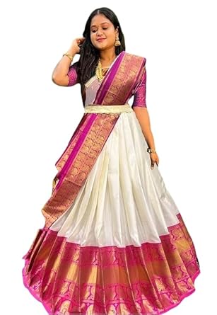 RENVAANI FASHION Women's Indian Traditional Unstitched Kanjivaram Silk Zari Lehenga Choli Along With Dupatta Attach With Unstitch Blouse Piece, Half Saree (LAHENGA KH142 ROSE...