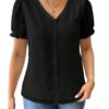 Shasmi Women's Elegant French Textured Fabric Solid Black Color Lace Panel V-Neck Jacquard Blouse,Short Puff Sleeve Tops Simple Daily Spring/Summer Casual Blouse Shirt (Top 178)