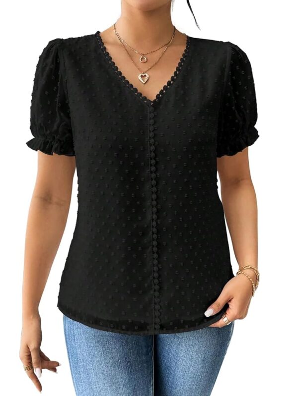Shasmi Women's Elegant French Textured Fabric Solid Black Color Lace Panel V-Neck Jacquard Blouse,Short Puff Sleeve Tops Simple Daily Spring/Summer Casual Blouse Shirt (Top 178)
