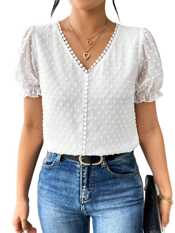 Shasmi Women's Elegant French Textured Fabric Solid Black Color Lace Panel V-Neck Jacquard Blouse,Short Puff Sleeve Tops Simple Daily Spring/Summer Casual Blouse Shirt (Top 178)