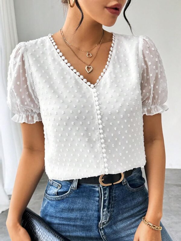 Shasmi Women's Elegant French Textured Fabric Solid Black Color Lace Panel V-Neck Jacquard Blouse,Short Puff Sleeve Tops Simple Daily Spring/Summer Casual Blouse Shirt (Top 178)