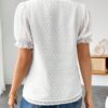 Shasmi Women's Elegant French Textured Fabric Solid Black Color Lace Panel V-Neck Jacquard Blouse,Short Puff Sleeve Tops Simple Daily Spring/Summer Casual Blouse Shirt (Top 178)