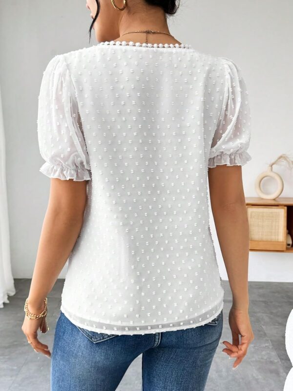 Shasmi Women's Elegant French Textured Fabric Solid Black Color Lace Panel V-Neck Jacquard Blouse,Short Puff Sleeve Tops Simple Daily Spring/Summer Casual Blouse Shirt (Top 178)