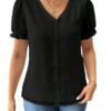 Shasmi Women's Elegant French Textured Fabric Solid Black Color Lace Panel V-Neck Jacquard Blouse,Short Puff Sleeve Tops Simple Daily Spring/Summer Casual Blouse Shirt (Top 178)
