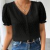 Shasmi Women's Elegant French Textured Fabric Solid Black Color Lace Panel V-Neck Jacquard Blouse,Short Puff Sleeve Tops Simple Daily Spring/Summer Casual Blouse Shirt (Top 178)
