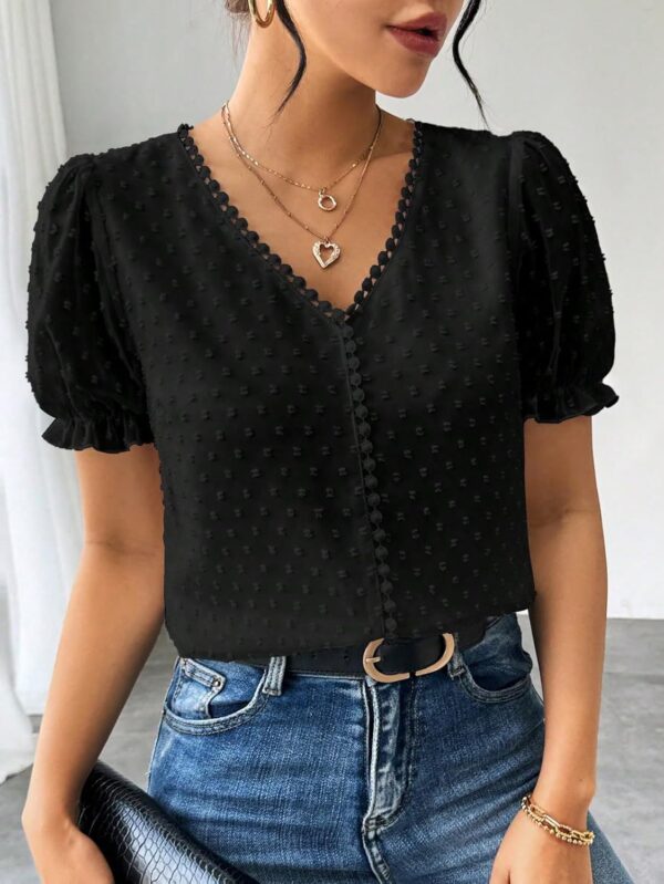 Shasmi Women's Elegant French Textured Fabric Solid Black Color Lace Panel V-Neck Jacquard Blouse,Short Puff Sleeve Tops Simple Daily Spring/Summer Casual Blouse Shirt (Top 178)