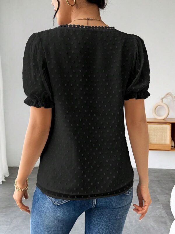 Shasmi Women's Elegant French Textured Fabric Solid Black Color Lace Panel V-Neck Jacquard Blouse,Short Puff Sleeve Tops Simple Daily Spring/Summer Casual Blouse Shirt (Top 178)