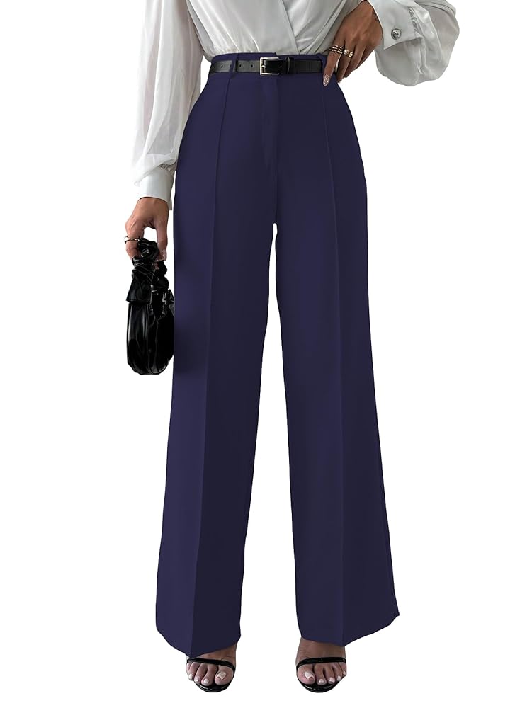 Shasmi Women's High Rise Solid Color High Waist, Wide Straight-Leg Loose Fit, Front Button Closure, Simple Daily Casual Long Pants with Pockets (Without Belt) (Trouser 171)