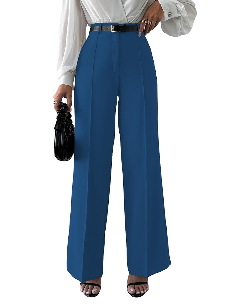 Shasmi Women's High Rise Solid Color High Waist, Wide Straight-Leg Loose Fit, Front Button Closure, Simple Daily Casual Long Pants with Pockets (Without Belt) (Trouser 171)