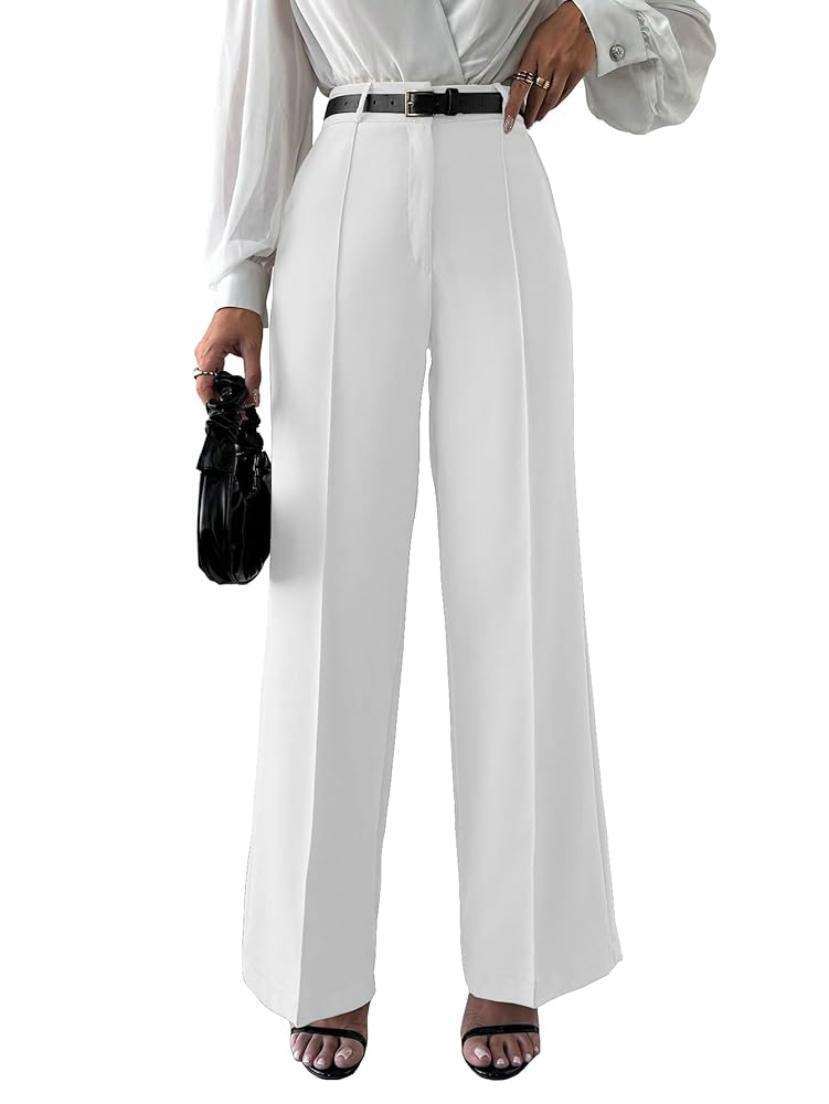 Shasmi Women's High Rise Solid Color High Waist, Wide Straight-Leg Loose Fit, Front Button Closure, Simple Daily Casual Long Pants with Pockets (Without Belt) (Trouser 171)