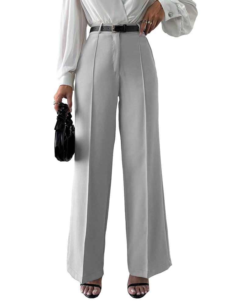 Shasmi Women's High Rise Solid Color High Waist, Wide Straight-Leg Loose Fit, Front Button Closure, Simple Daily Casual Long Pants with Pockets (Without Belt) (Trouser 171)