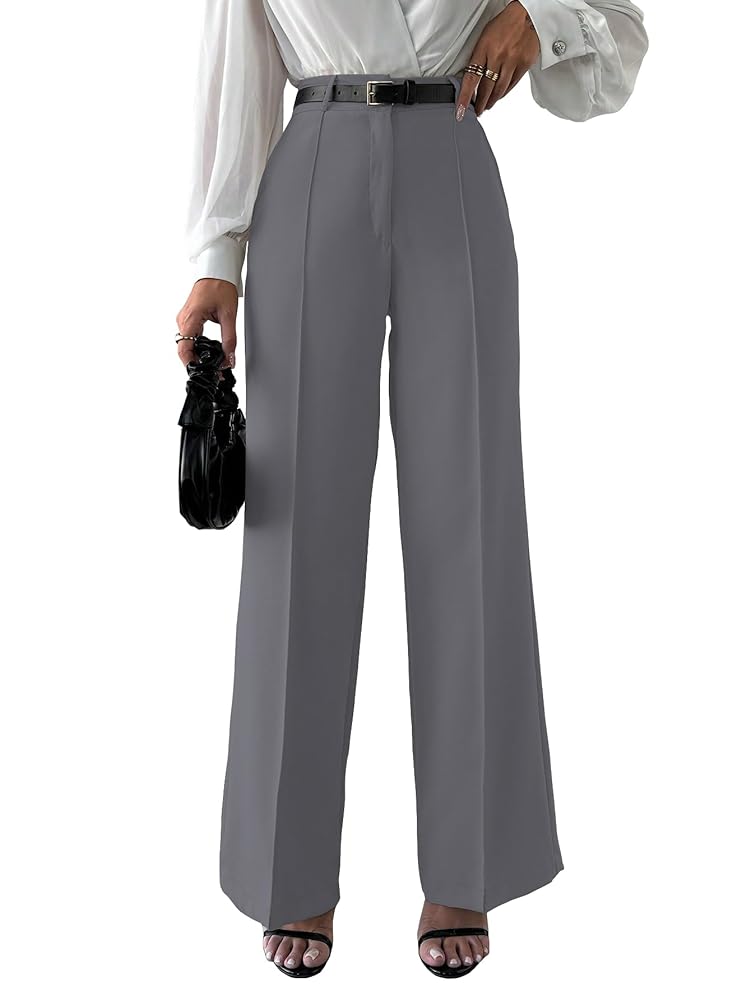 Shasmi Women's High Rise Solid Color High Waist, Wide Straight-Leg Loose Fit, Front Button Closure, Simple Daily Casual Long Pants with Pockets (Without Belt) (Trouser 171)