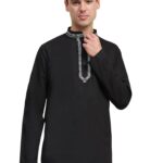 SKAVIJ Men's Cotton Embroidered Kurta Shirt - Long Sleeve Traditional Indian Tunic for Casual