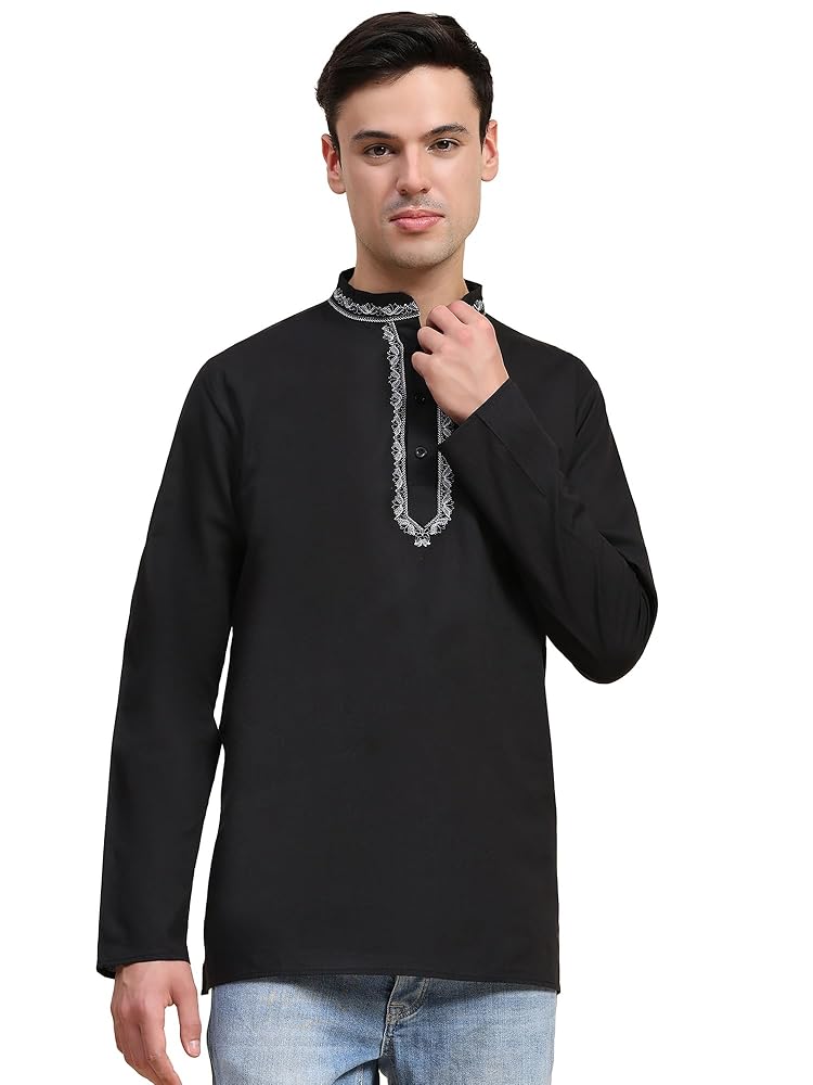 SKAVIJ Men's Cotton Embroidered Kurta Shirt - Long Sleeve Traditional Indian Tunic for Casual