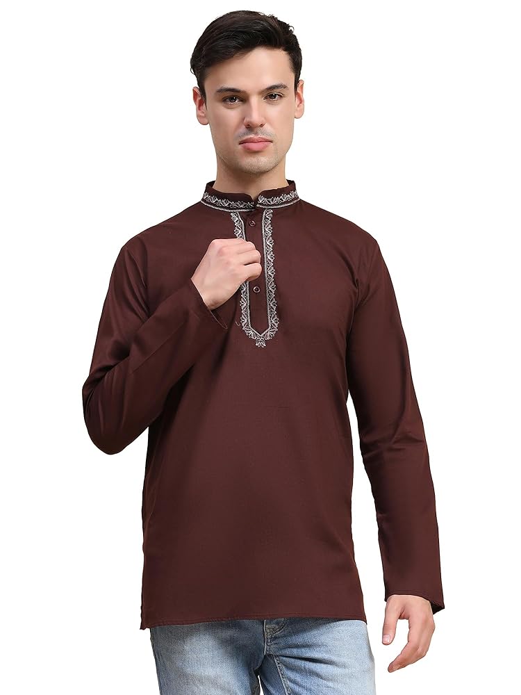 SKAVIJ Men's Cotton Embroidered Kurta Shirt - Long Sleeve Traditional Indian Tunic for Casual