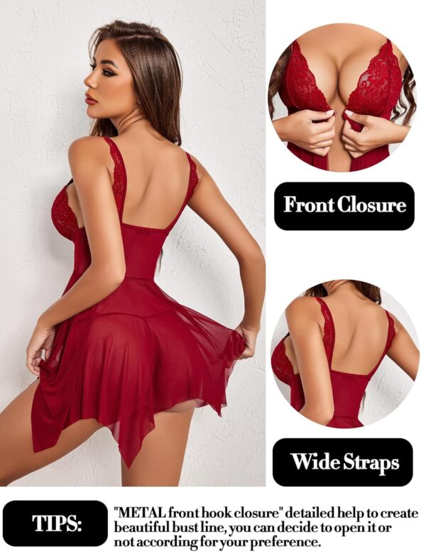 SoShHub Women Lace Lingerie Front Closure Babydoll V Neck Nightwear Sexy Chemise Nightie Chrismas Bikini Girlfriend Wife Babydoll Valentine Festival