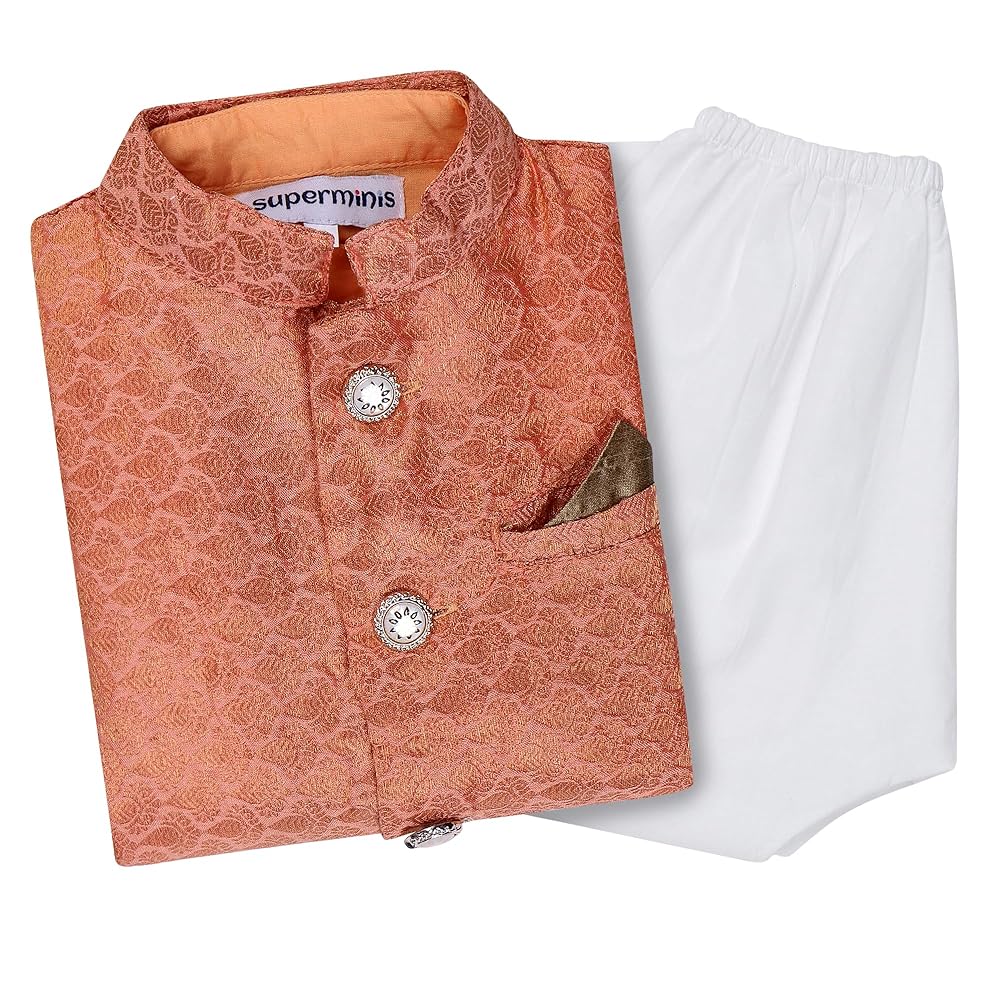 superminis Boy's Cotton Cottton Kurta With Golden Thread Work Nehru Jacket And Elastic Closure Pyjama Set