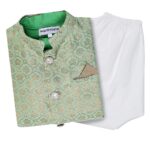 superminis Boy's Cotton Cottton Kurta With Golden Thread Work Nehru Jacket And Elastic Closure Pyjama Set