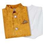 superminis Boy's Cotton Cottton Kurta With Golden Thread Work Nehru Jacket And Elastic Closure Pyjama Set