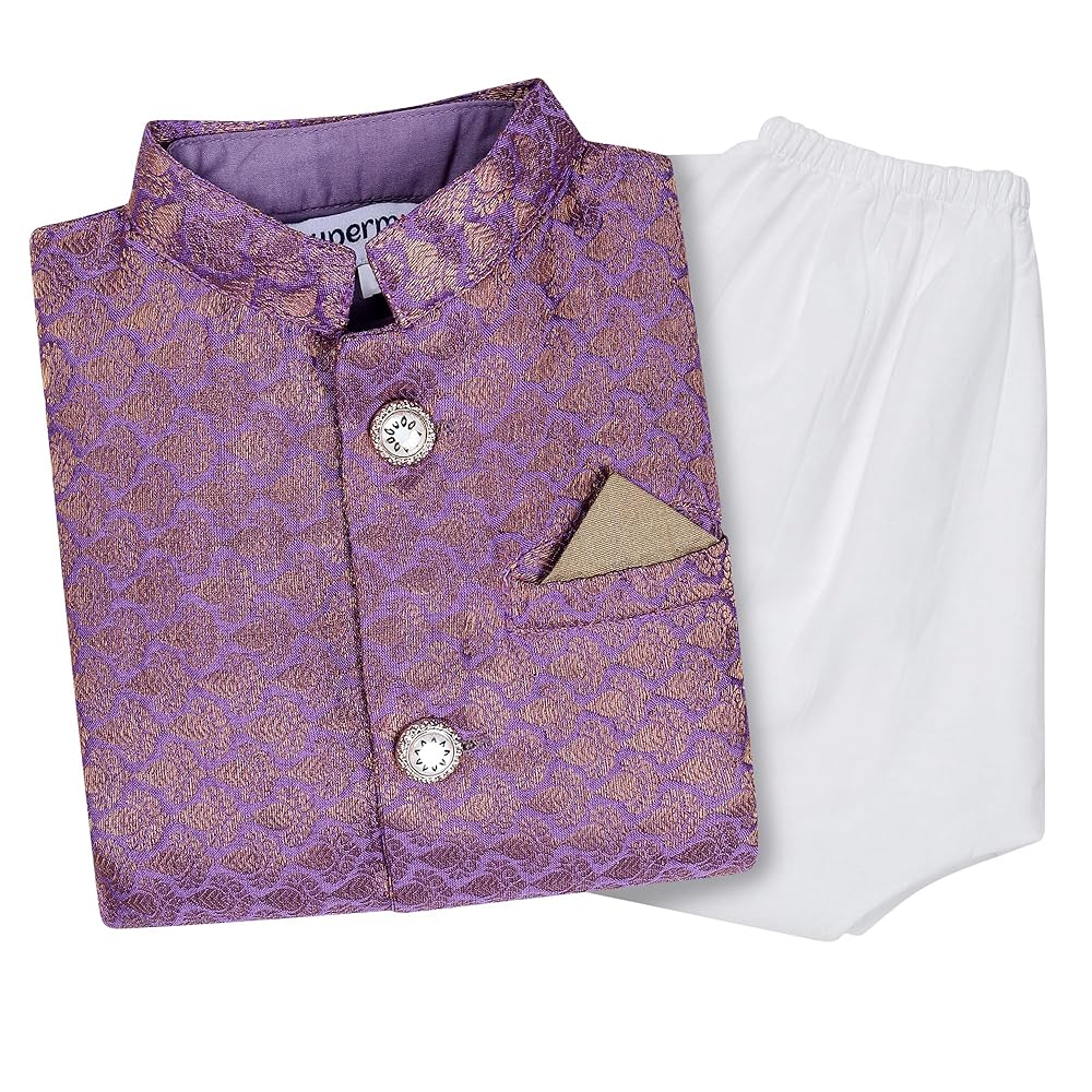 superminis Boy's Cotton Cottton Kurta With Golden Thread Work Nehru Jacket And Elastic Closure Pyjama Set