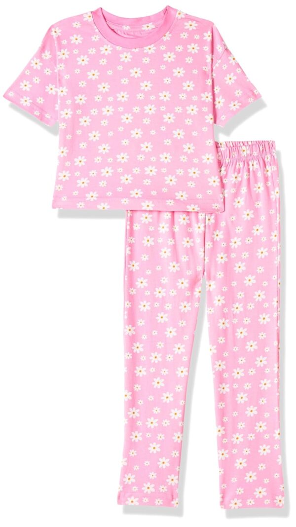 T2F Girls Cotton Printed Oversized Fit Crop Top and Pant Pajama Set